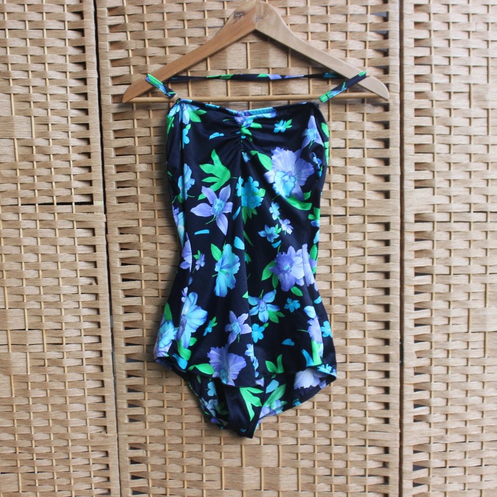 90s Floral Skirted Swimsuit S